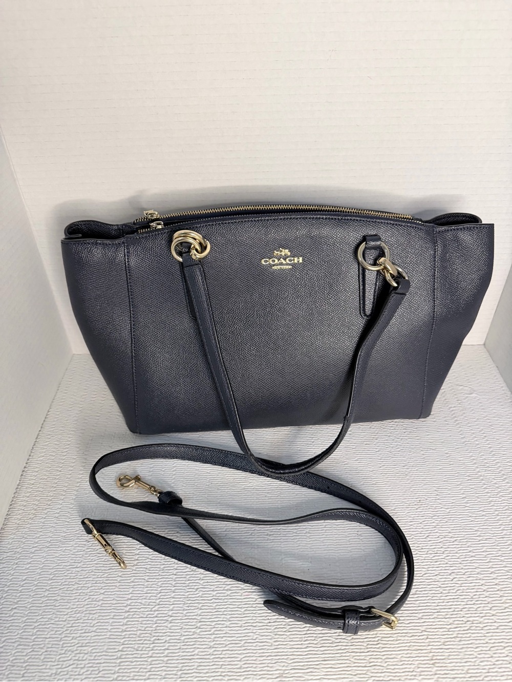 COACH Navy Saffiano-Style Leather Tote with Gold Hardware